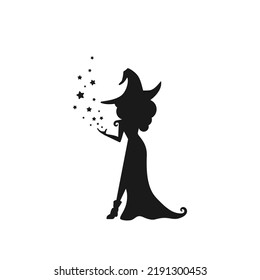 Black witch practises witchcraft with stars. Hag in hat makes spell. Magic, fantasy. Flat design. Vector illustration. Halloween night symbol. Fairytale logo isolated on white.