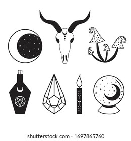 black witch set moon star mushroom bottle crystal candle magic ball icon vector