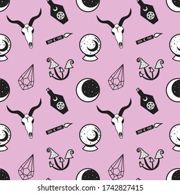 black witch set moon star mushroom bottle crystal candle magic ball skull pattern on a pink background seamless vector