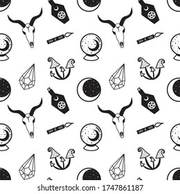 black witch set moon star mushroom bottle crystal candle magic ball skull pattern on a white background seamless vector