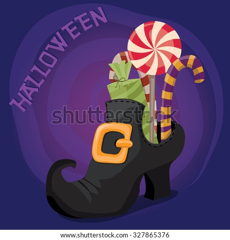 Black Witch shoe full of candies: lollipop and candy cane.Vector  isolated on white