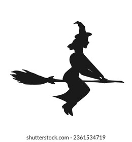 Black witch silhouette flying on magic broom vector cartoon character isolated on white background. Beautiful young witch. Halloween design element.