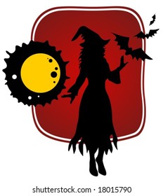 Black witch silhouette on a red background. Halloween illustration.