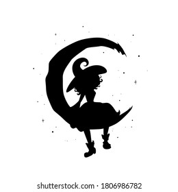 Black witch sits on the crescent in the night sky. Half moon and stars and hag in hat. Magic, fantasy. Flat design. Vector illustration. Halloween night symbol. Fairytale logo isolated on white.