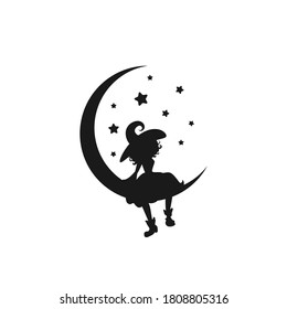 Schwarze Hexe sitzt auf dem Halbmond am Nachthimmel. Halb Mond und Sterne und hacken in Hut. Magie, Fantasie. Flaches Design. Vektorgrafik. Halloween-Nachtsymbol. Fairytale Logo einzeln auf Weiß.