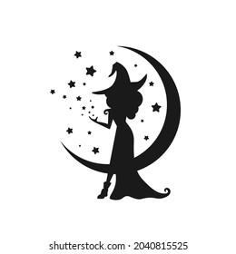 Black witch with stars and crescent in the night sky. Half moon and stars and hag in hat. Magic, fantasy. Flat design. Vector illustration. Halloween night symbol. Fairytale logo isolated on white.