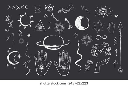 Black witch stuff. Set Witchcraft, magic elements. Collection of Mystical and Astrology objects in boho style. Mystical signs,silhouettes. Vector Hand drawn elements. Astronomy. Line art illustrations