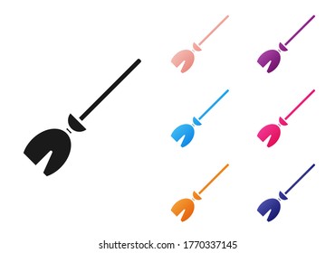 Black Witches broom icon isolated on white background. Happy Halloween party. Set icons colorful. Vector Illustration