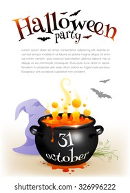 Black witches cauldron with orange brew and Halloween date sign, vector poster template