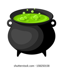 Black Witches Cauldron With Potion. Vector Illustration.