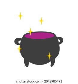 Black witches cauldron with potion. Vector illustration.