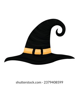 Black witches hat. Vector illustration. Halloween ornament icons and stickers. Cartoon witch hats, Halloween party costume elements. Halloween witchcraft party collection.