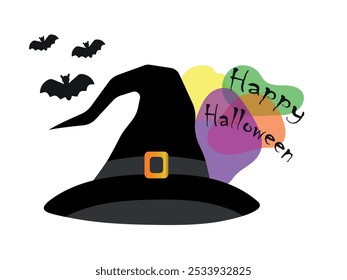 Black witches hat. Vector illustration. Halloween ornament icons and stickers. Cartoon witch hats, Halloween party costume elements. Halloween witchcraft party collection.