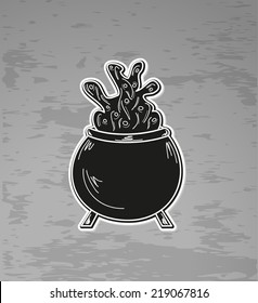 black witch`s cauldron with bubbles on dark background, vector