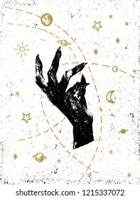 Black witch's hand with symbolic cosmos illustration on white textured background. Tattoo, sticker, patch or poster print design.