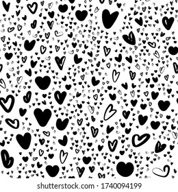 color blanco negro sin costuras de fondo de San Valentín con corazones doodle. Patrón dibujado a mano Se puede usar para invitaciones de boda, tarjeta de saludo de San Valentín o tarjeta de amor.