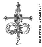Black and Wite Tattoo of snake on a cross isolated on white. Vector illustration.