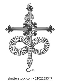 Black and Wite Tattoo of snake on a cross isolated on white. Vector illustration.