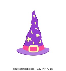 black wizard hat cartoon. warlock decoration, holiday magical, cone spooky black wizard hat sign. isolated symbol vector illustration