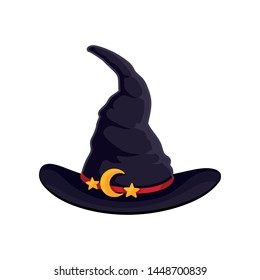 Black wizard hat with red ribbon. Vector illustration on white background.