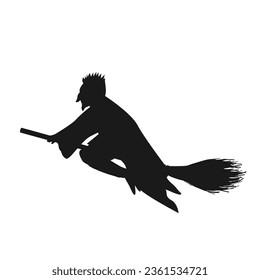 Black wizard silhouette flying on magic broom vector cartoon character isolated on background. Halloween design element.