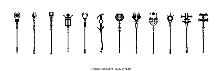 Black wizard staff. Magic sorcerer scepter and shaman tools silhouette, warlock theurgical staff for game UI. Antique mystery weapon with decorative elements, vector isolated set