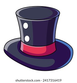 Black wizard top hat. Cartoon magic witch hat. Wizard cap for Halloween party costume. Vector cartoon illustration of fantasy old magician or sorceress hat.