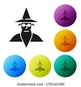 Black Wizard warlock icon isolated on white background. Set icons in color circle buttons. Vector Illustration