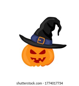 A black wizard's hat with a purple ribbon on the head of a pumpkin. Vector illustration on a white background.