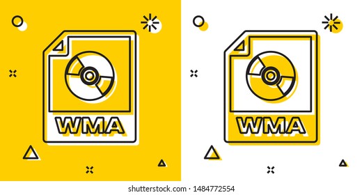 Black WMA file document. Download wma button icon isolated on yellow and white background. WMA file symbol. Wma music format sign. Random dynamic shapes. Vector Illustration