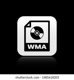 Black WMA file document. Download wma button icon isolated on black background. WMA file symbol. Wma music format sign. Silver square button. Vector Illustration