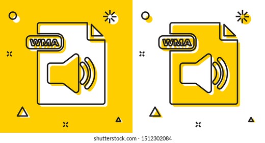 Black WMA file document. Download wma button icon isolated on yellow and white background. WMA file symbol. Wma music format sign. Random dynamic shapes. Vector Illustration