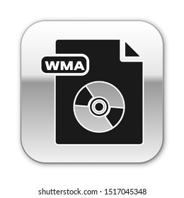 Black WMA file document. Download wma button icon isolated on white background. WMA file symbol. Wma music format sign. Silver square button. Vector Illustration