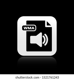 Black WMA file document. Download wma button icon isolated on black background. WMA file symbol. Wma music format sign. Silver square button. Vector Illustration