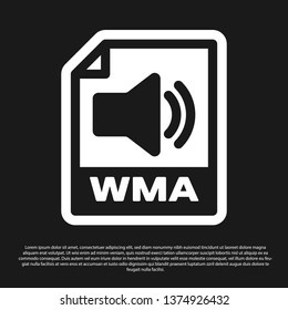 Black WMA file document icon. Download wma button icon isolated on black background. WMA file symbol. Wma music format sign. Vector Illustration