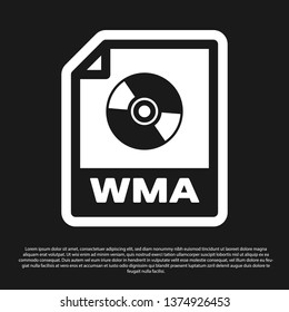 Black WMA file document icon. Download wma button icon isolated on black background. WMA file symbol. Wma music format sign. Vector Illustration