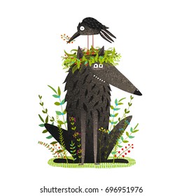 Black Wolf and Crow Sitting on Head Friendship. Adorable friends in the forest cartoon. Vector illustration.