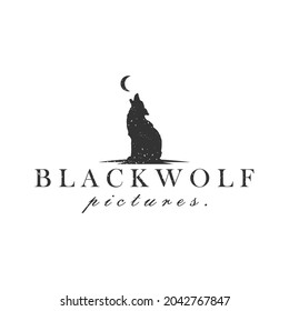 Black Wolf Fox Dog Coyote Jackal on the Rock Rustic Vintage Silhouette Retro Hipster Logo Design