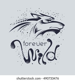 Black wolf head profile silhouette and "Forever Wild" quote lettering. Works well as typography poster, inspirational banner, apparel design, print, mascot, emblem. Vector  hand drawn illustration