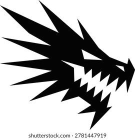 Black wolf head with sharp teeth and spiky fur side view animal graphic