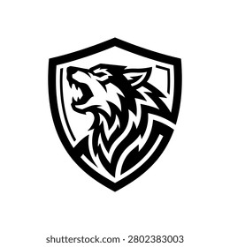 Black wolf head in shield emblem