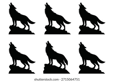 Lobo negro uivando em afloramentos rochosos silhueta branco