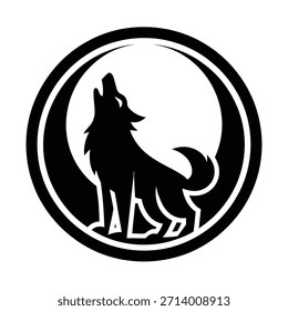 Silhueta de uivagem de lobo preto no círculo da lua crescente