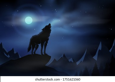 Black wolf howling silhouette with full moon and starry night sky with mountains wilderness landscape background. Vector illustration.