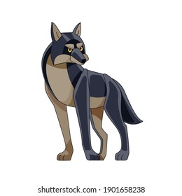 Black Wolf Leader is watching. Cartoon character of a dangerous mammal animal. A wild forest creature with dark fur. Side view. Vector flat illustration isolated on a white background.