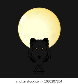 Black wolf on a dark background. Yellow wolf eyes. The Great Moon
