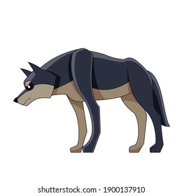 Black Wolf on the hunt. Canis lupus. Cartoon character of a dangerous mammal animal. A wild forest creature with dark fur. Side view. Vector flat illustration isolated on a white background.