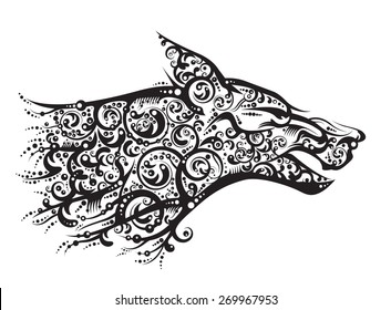 Black wolf ornate stylized head profile isolated on white in vector. Made by floral elements. Works well as a tattoo, icon, emblem, totem, print or mascot.