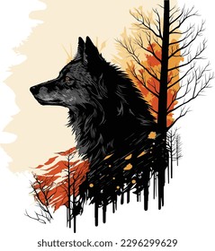 Black wolf in the red forest. Portrait