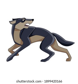 Black wolf runs away from danger. Cartoon character of a dangerous mammal animal. A wild forest creature with dark fur. Side view. Vector flat illustration isolated on a white background.